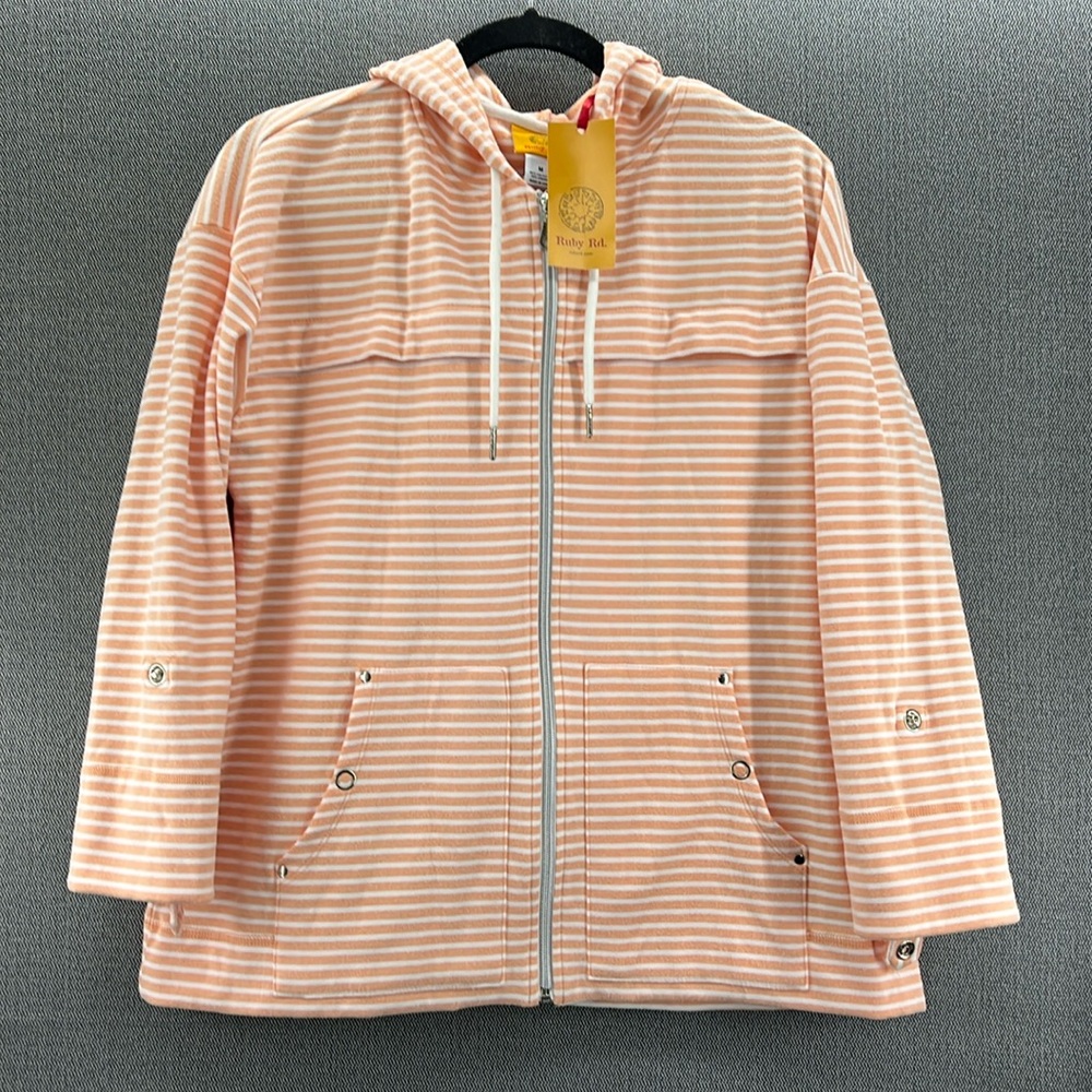 Ruby Rd. Women’s Peach/White Striped Full Zip Hooded Soft Jacket Loose Fit M‎